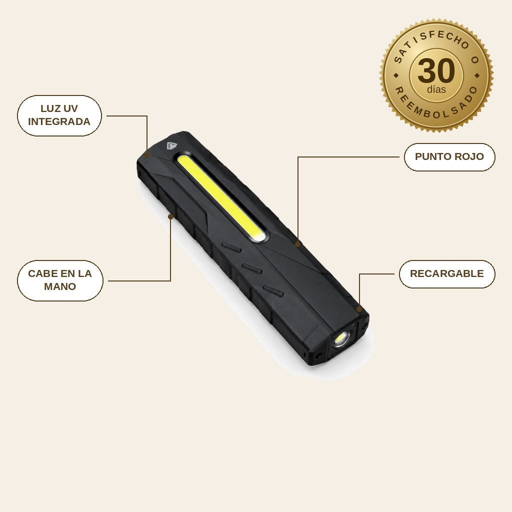 infographie — Linterna LED EDC Recargable de Bolsillo – 1300 Lúmenes, Luz UV y Punto Rojo