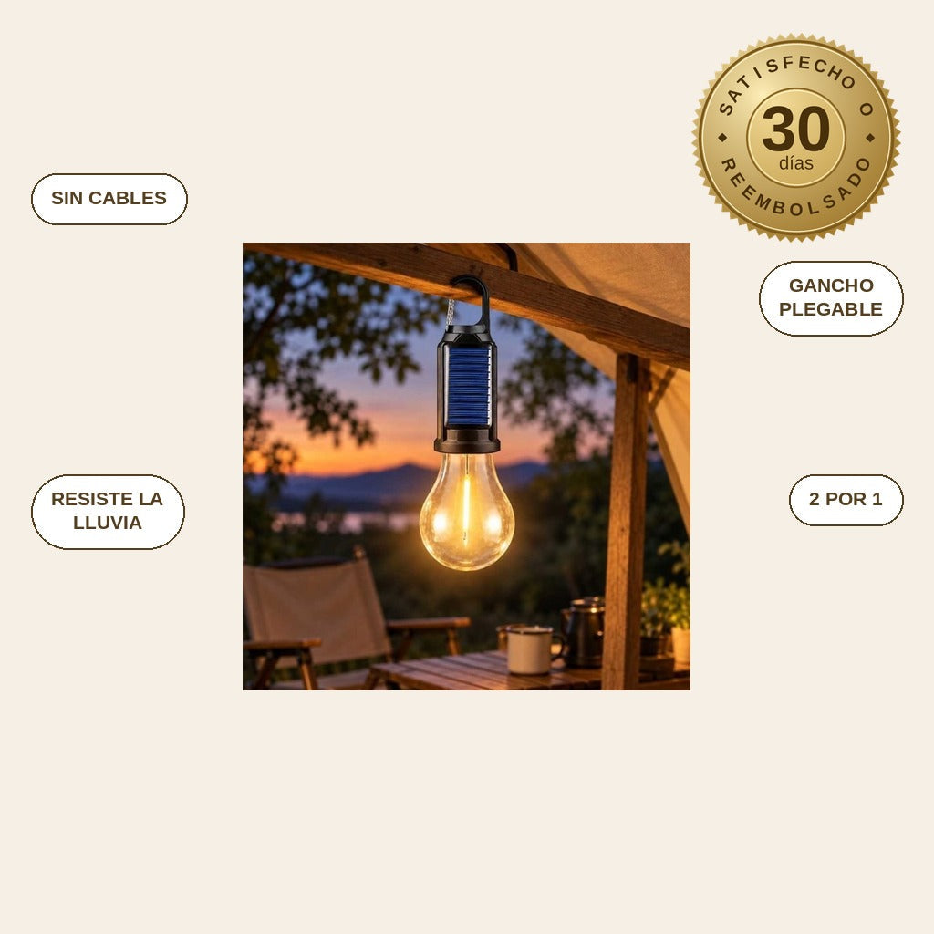 infographie — Bombilla LED Solar con Gancho — Recargable por Sol o USB