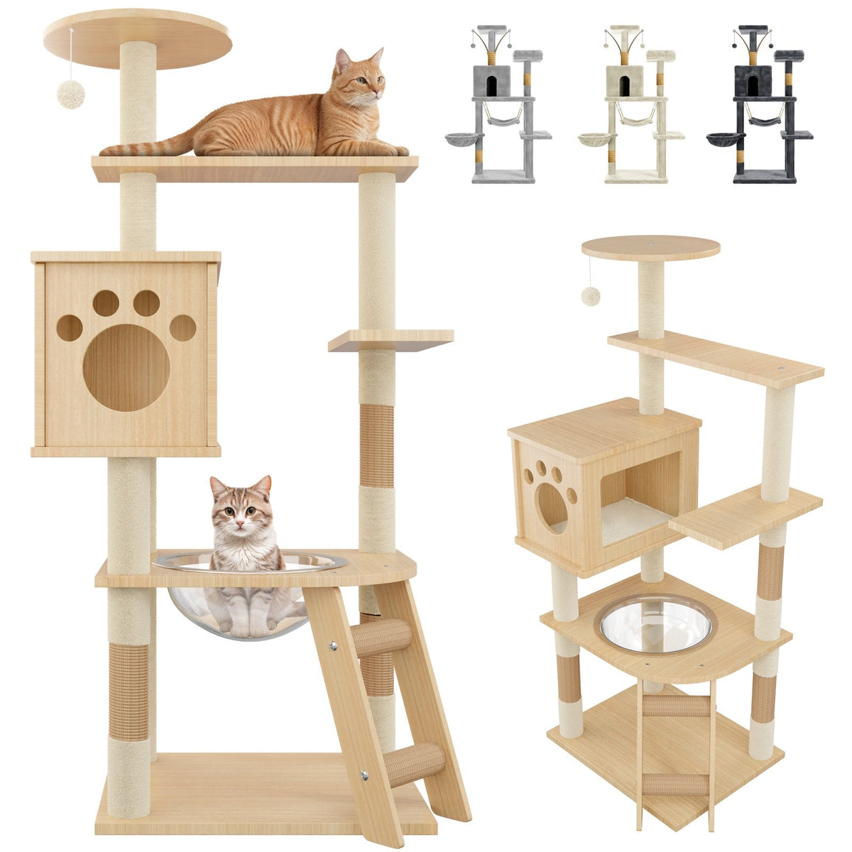 couleur Madera natural — Árbol para gatos con hamaca, cueva y postes rascadores de sisal