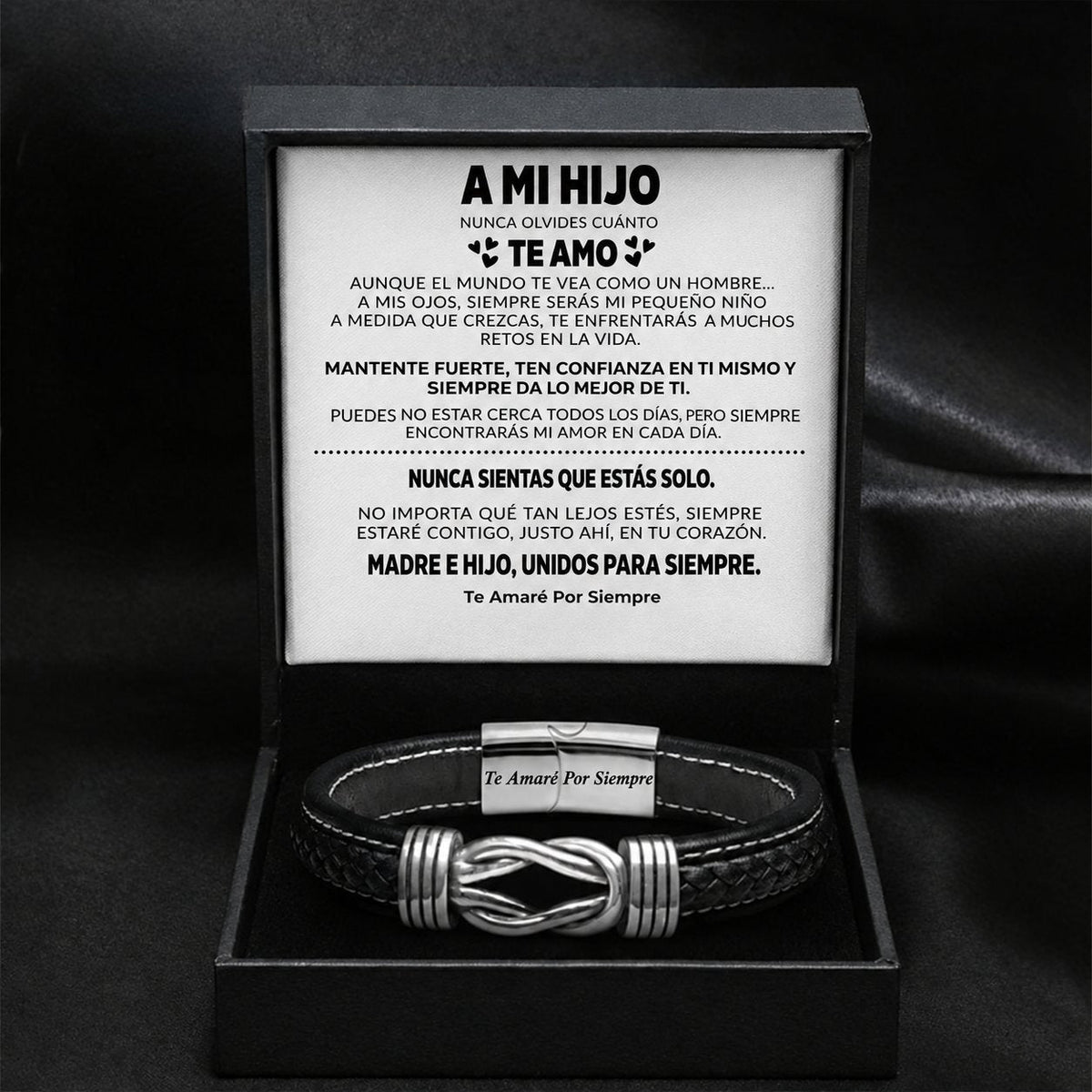 situation — Pulsera « A Mi Hijo » – Nudo Infinito de Cuero Trenzado
