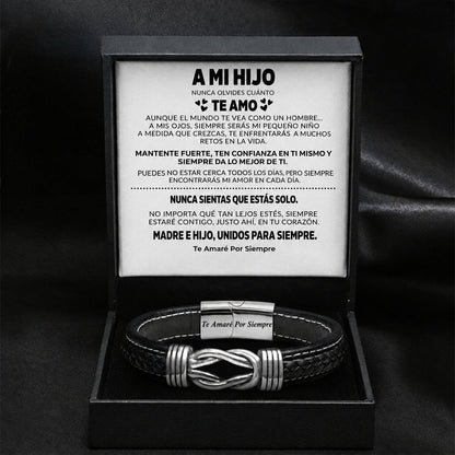 situation — Pulsera « A Mi Hijo » – Nudo Infinito de Cuero Trenzado