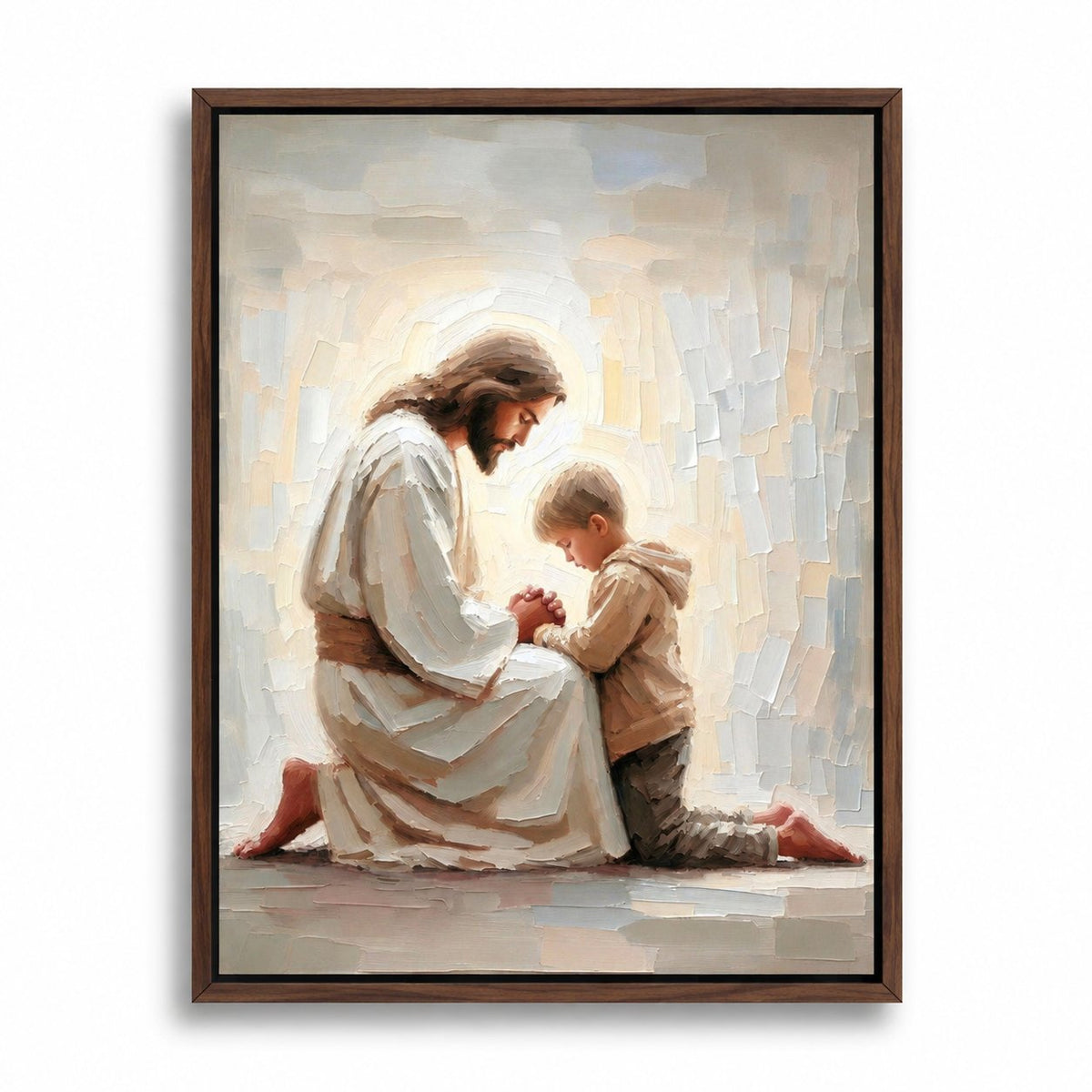 couleur Nogal — Cuadro de Jesús rezando con un niño – Lienzo listo para colgar