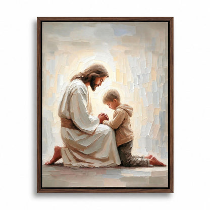 couleur Nogal — Cuadro de Jesús rezando con un niño – Lienzo listo para colgar