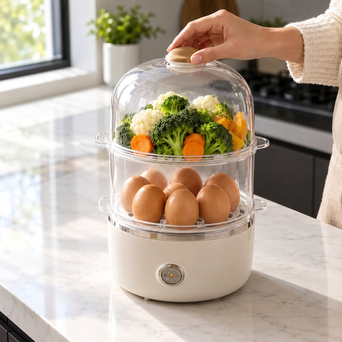 situation — VaporDuo™ – Cocedor de huevos y vaporera eléctrica de 2 niveles, 14 huevos, apagado automático