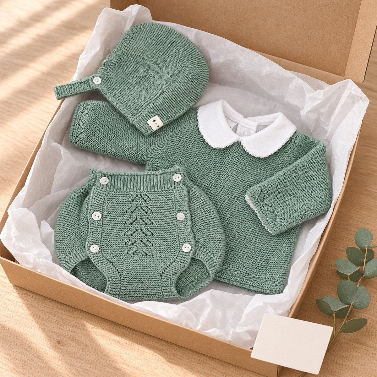 situation — Conjunto de punto bebé verde menta – 4 piezas (jersey cuello bebé, bloomer, capota y patucos)