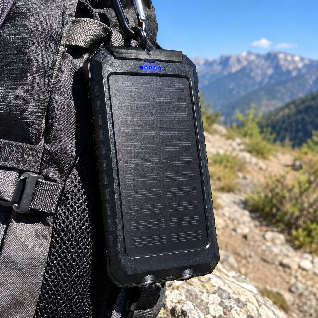 situation — SolarGo™ – Batería Externa Solar con Doble Linterna LED, Antigolpes y Mosquetón