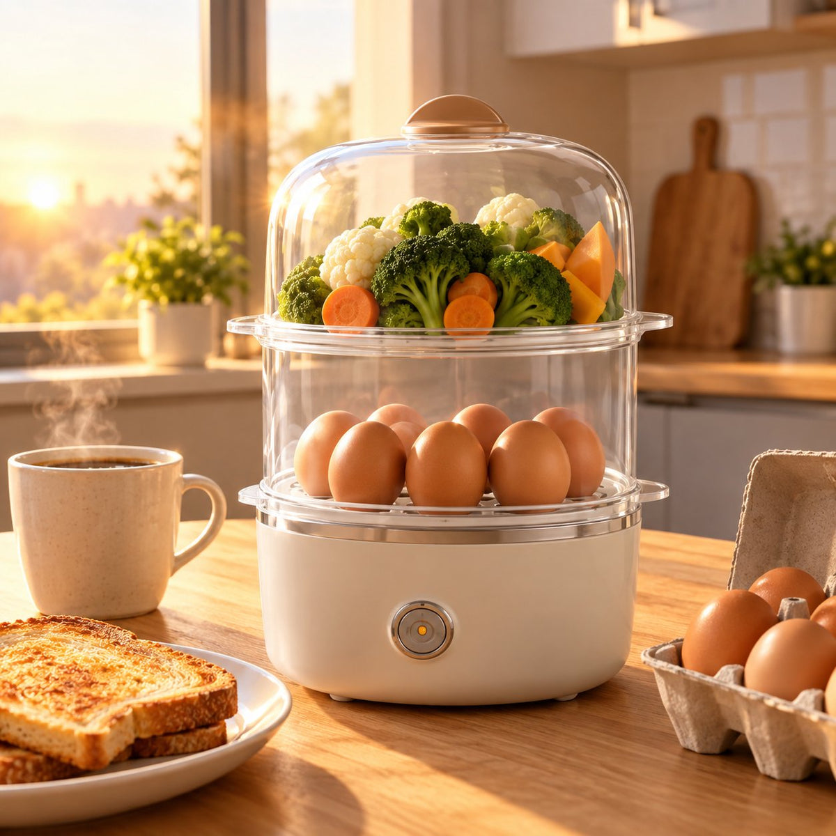 situation — VaporDuo™ – Cocedor de huevos y vaporera eléctrica de 2 niveles, 14 huevos, apagado automático