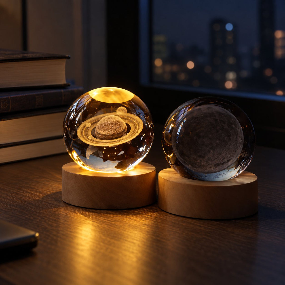 situation — Lámpara Bola de Cristal Planeta – Grabado Láser 3D con Base LED de Madera