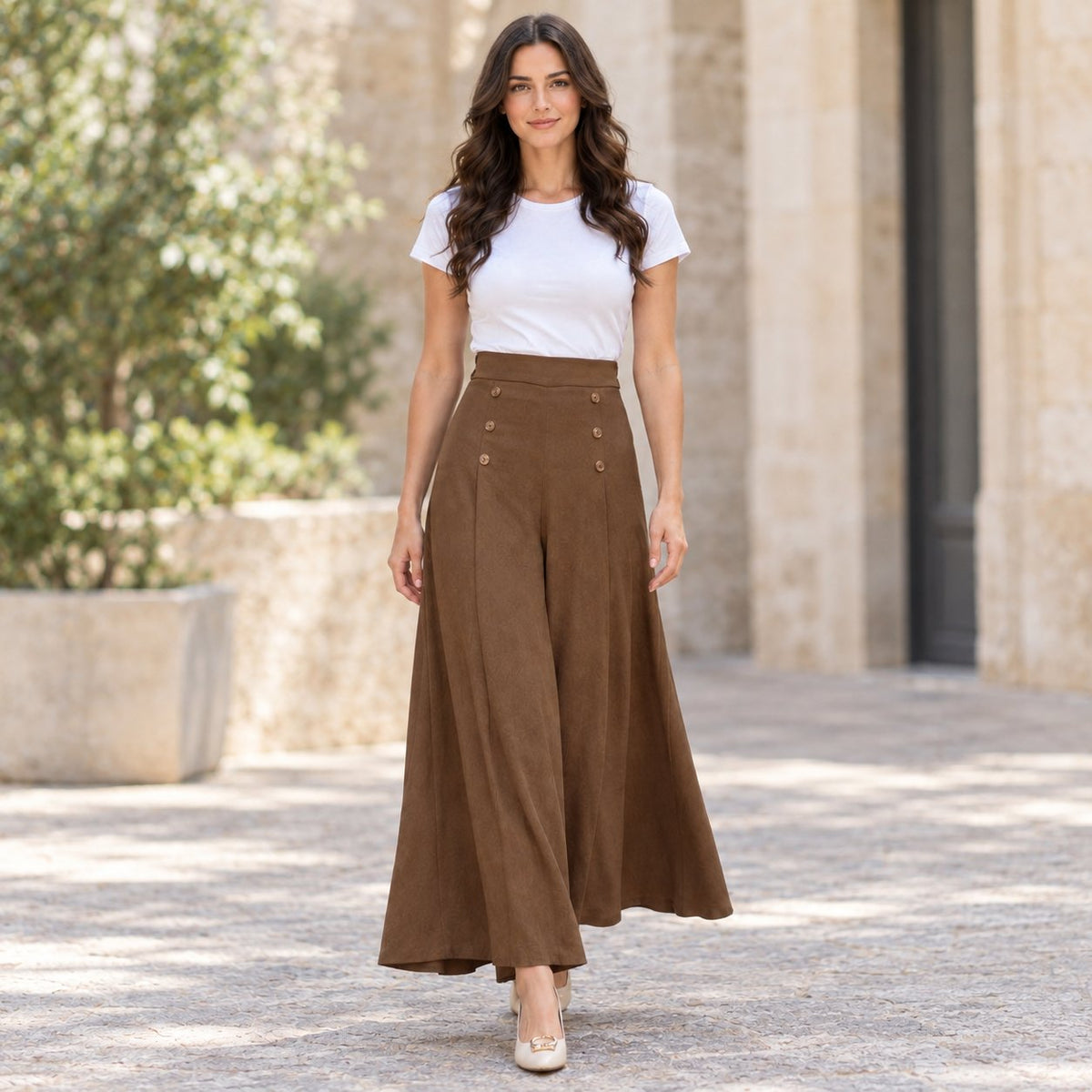 situation — Pantalón Palazzo Pierna Ancha – Cintura Alta Elástica, Caída de Falda
