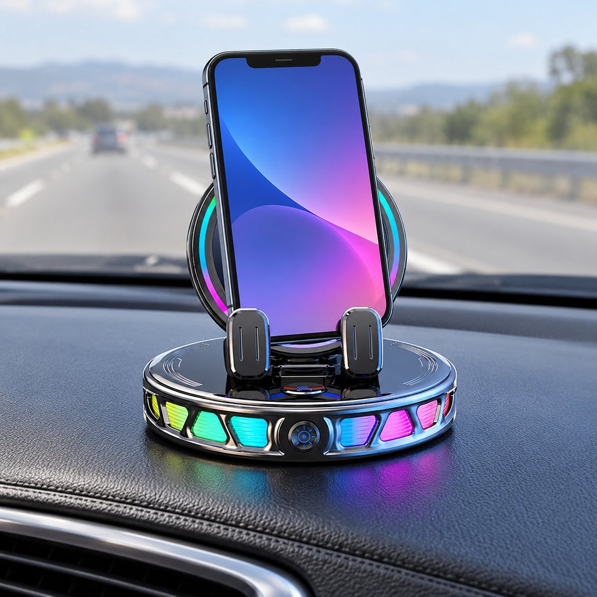 situation — LumiGrip™ – Soporte de Móvil para Coche con Cierre Automático, Carga Inalámbrica 15 W y Luz RGB