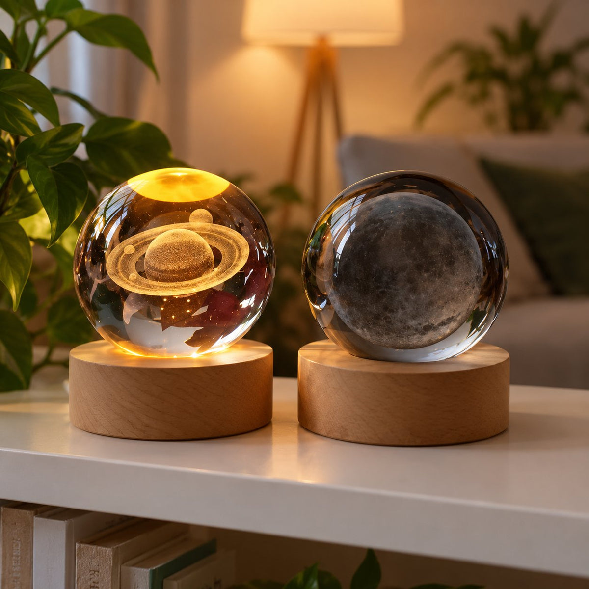 situation — Lámpara Bola de Cristal Planeta – Grabado Láser 3D con Base LED de Madera