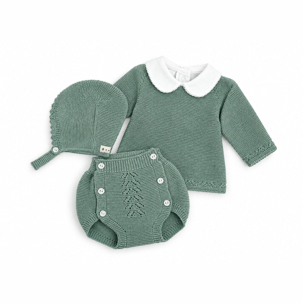 packshot — Conjunto de punto bebé verde menta – 4 piezas (jersey cuello bebé, bloomer, capota y patucos)