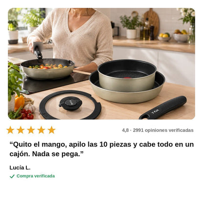 avis — Batería de Cocina Antiadherente Apilable con Mango Extraíble – Set de 10 Piezas