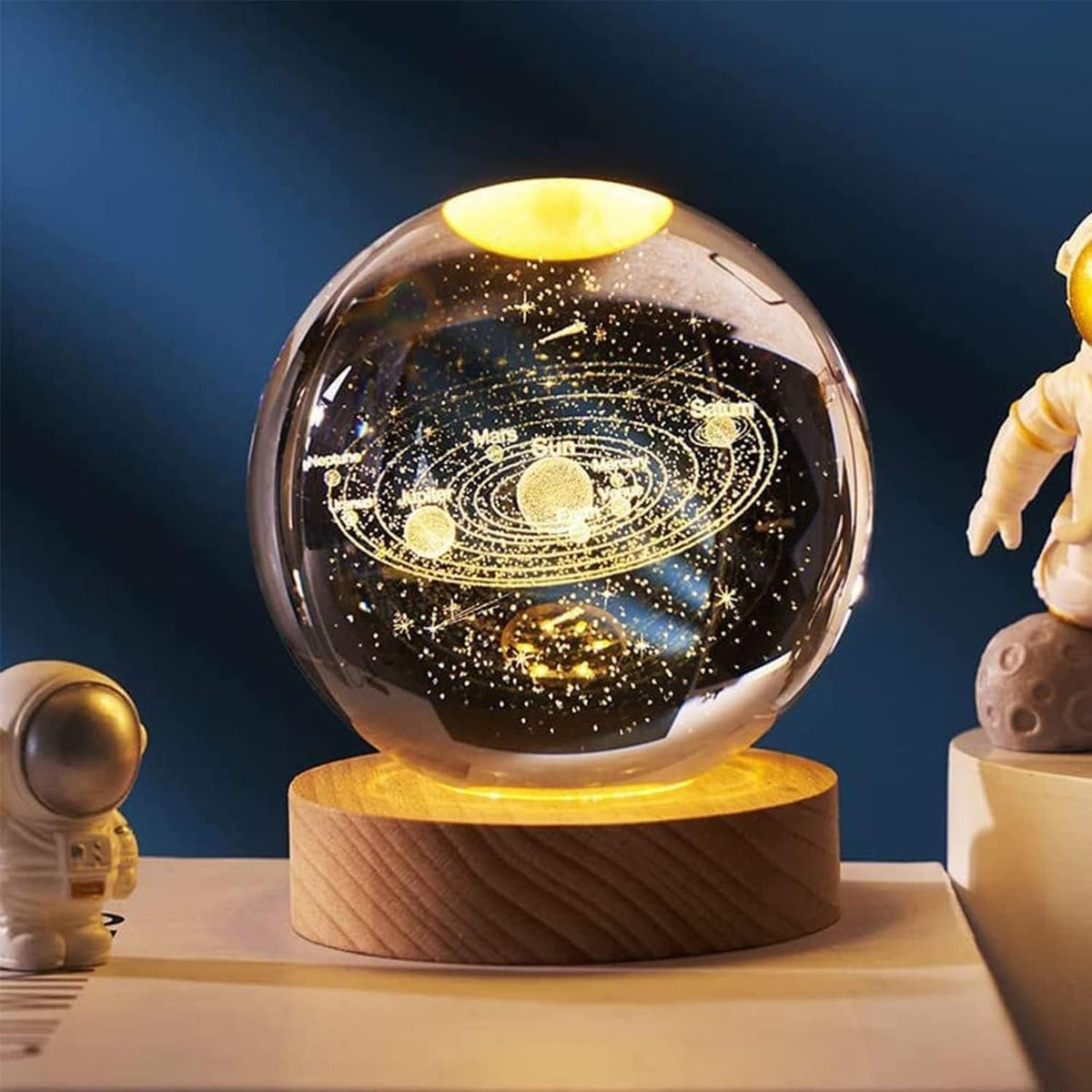 variante Sistema Solar — Lámpara Bola de Cristal Planeta – Grabado Láser 3D con Base LED de Madera