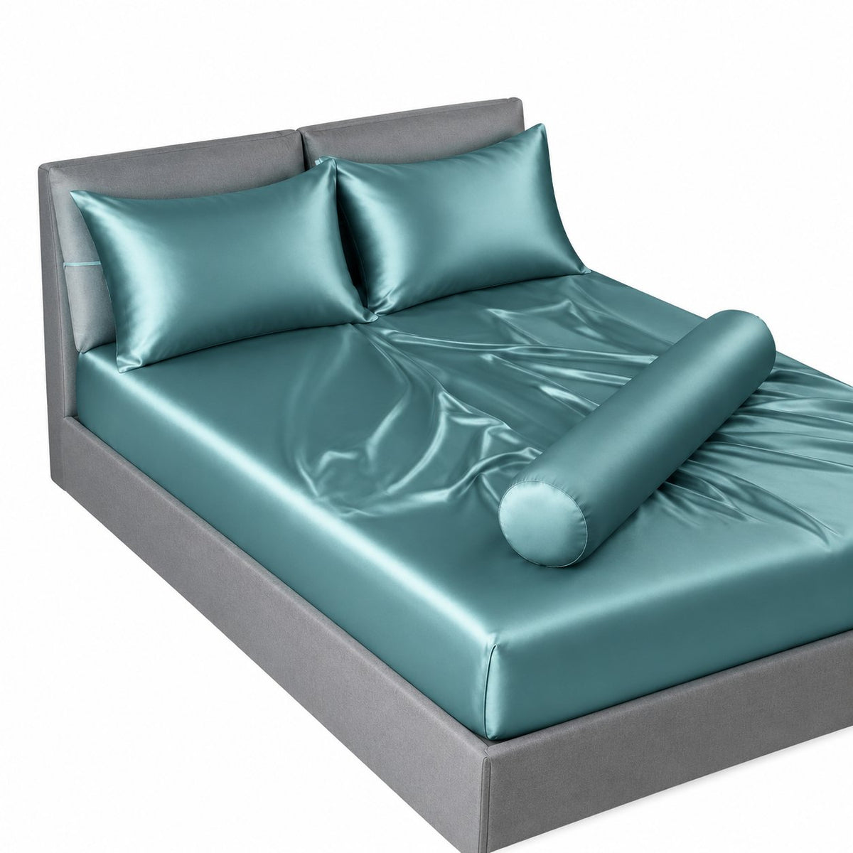 couleur Verde azulado — Juego de Sábana Bajera de Satén + 2 Fundas de Almohada