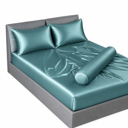 couleur Verde azulado — Juego de Sábana Bajera de Satén + 2 Fundas de Almohada