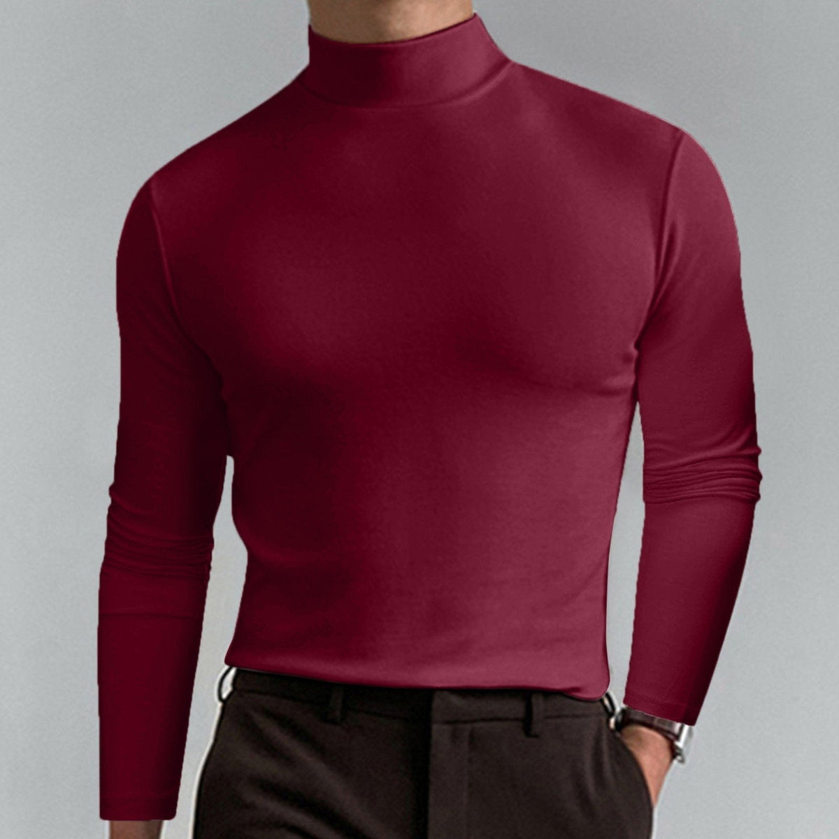 couleur Vino tinto — Camiseta de Cuello Alto para Hombre – Corte Entallado y Tejido Elástico