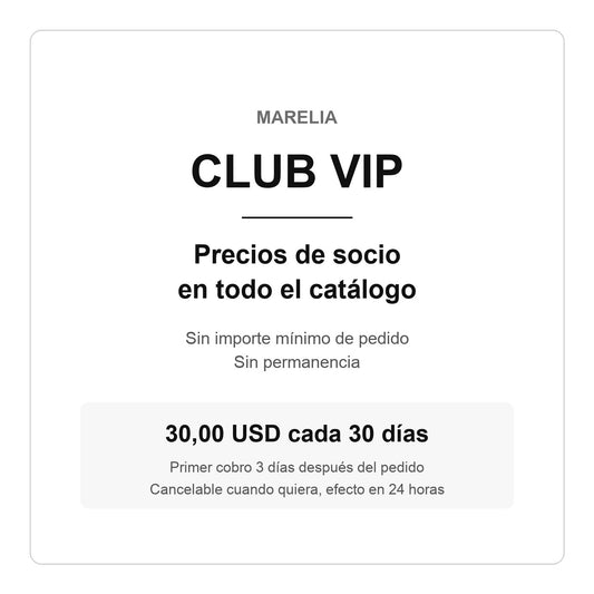 Club VIP Marelia — precios de socio, 30,00 USD cada 30 días, cancelable cuando quiera
